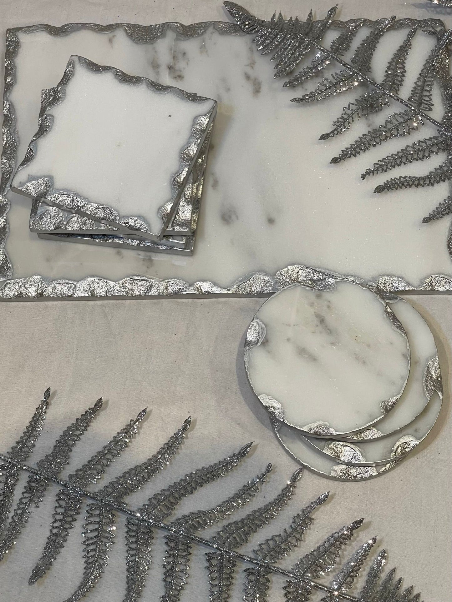 Luxury White Marble Effect Silver Edge Tray