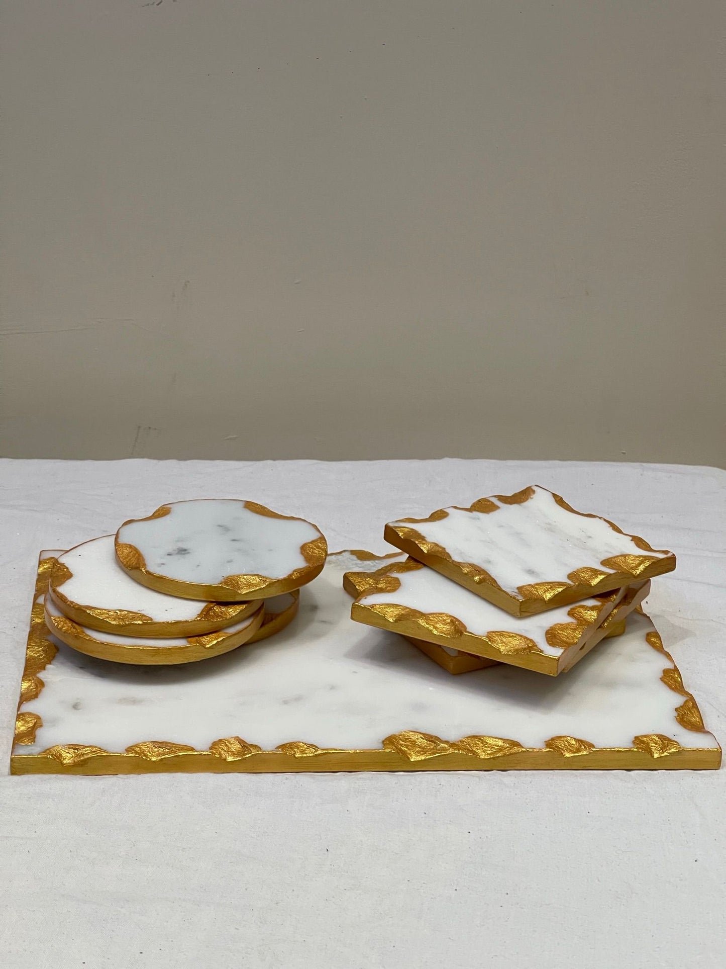 Luxury White Marble Effect Gold Edge Square Coasters – Set of Four