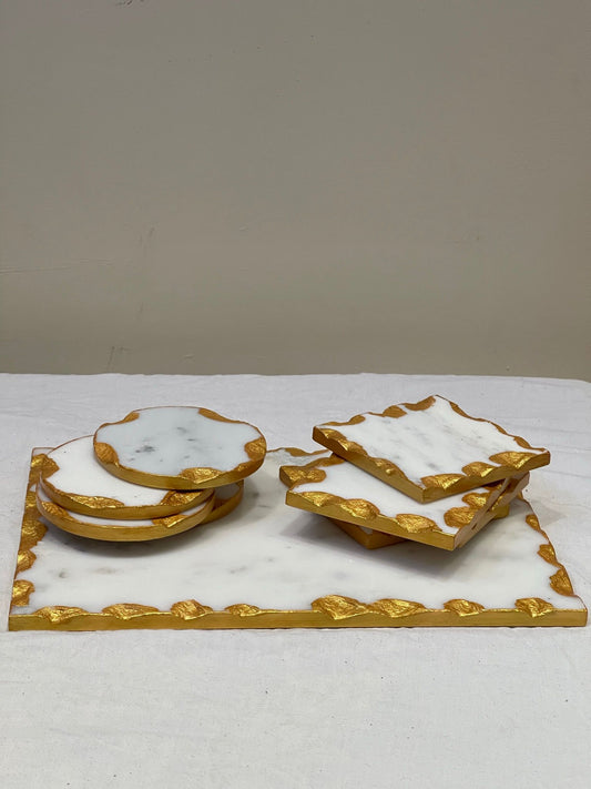 Luxury White Marble Effect Gold Edge Square Coasters – Set of Four