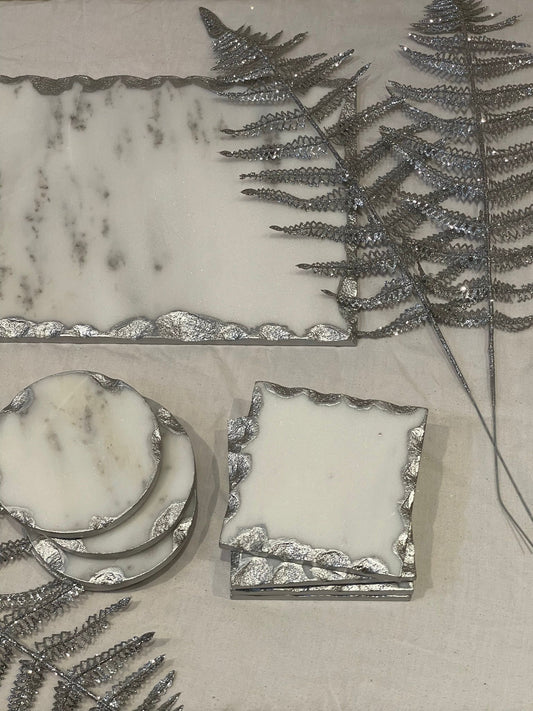 Luxury White Marble Effect Silver Edge Square Coasters – Set of Four